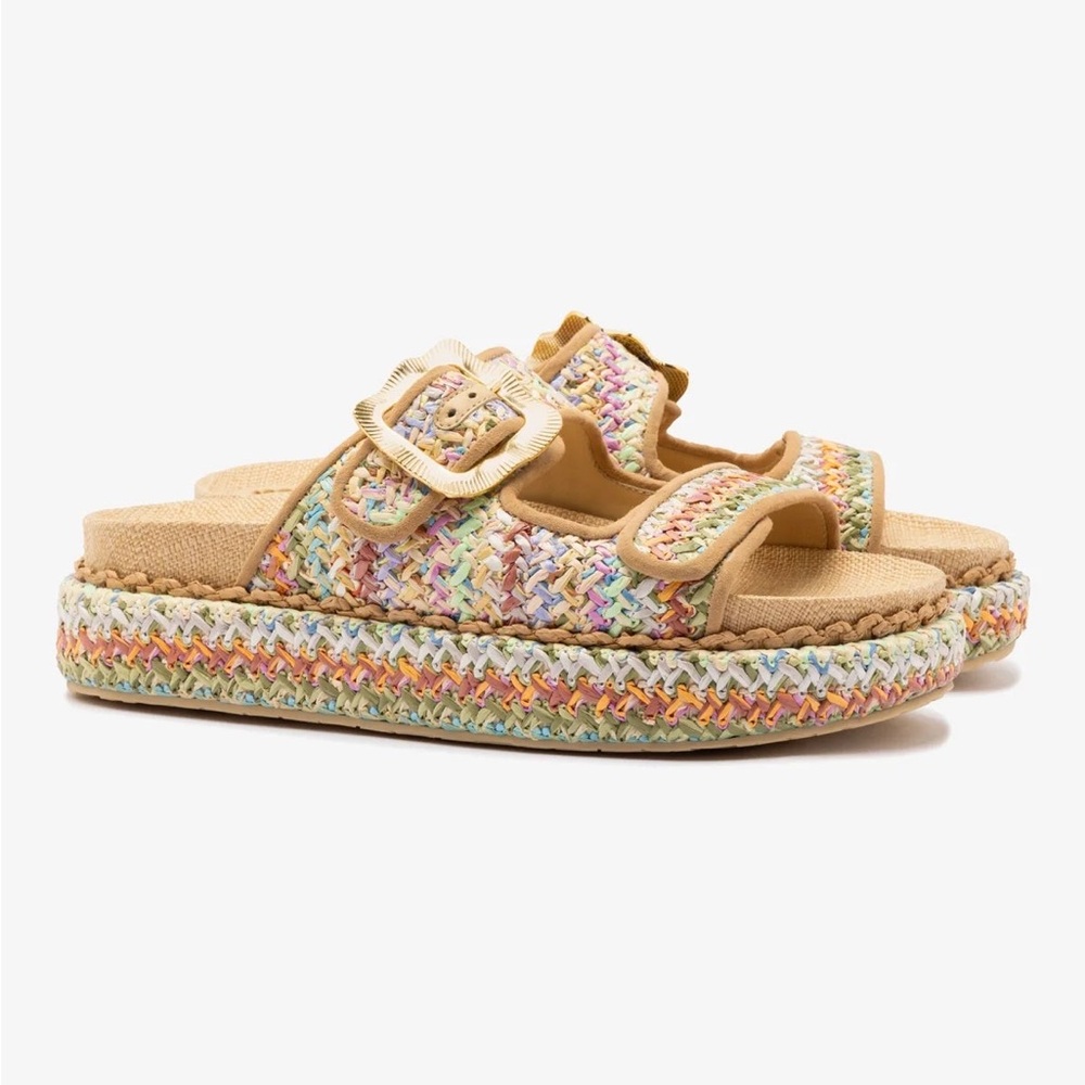 NWOB Larroude Maui Raffia Platform Slides Sandals 9
